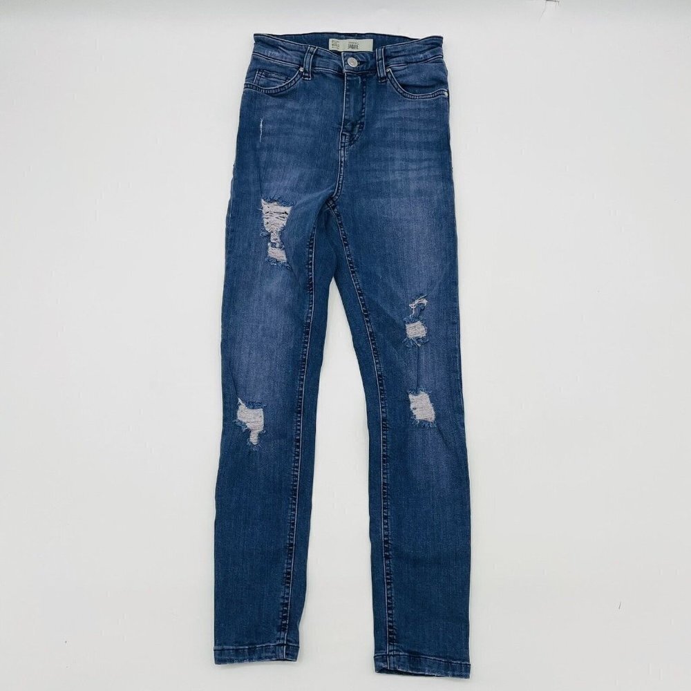 Topshop Womens Size 24W x 30L Moto Jamie Distressed Skinny Leg Jeans in Blue